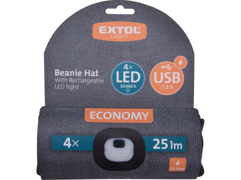 EXTOL LIGHT Čiapka tmavo sivá s čelovým svetlom, LED 4x25lm, 250mAh Li-ion