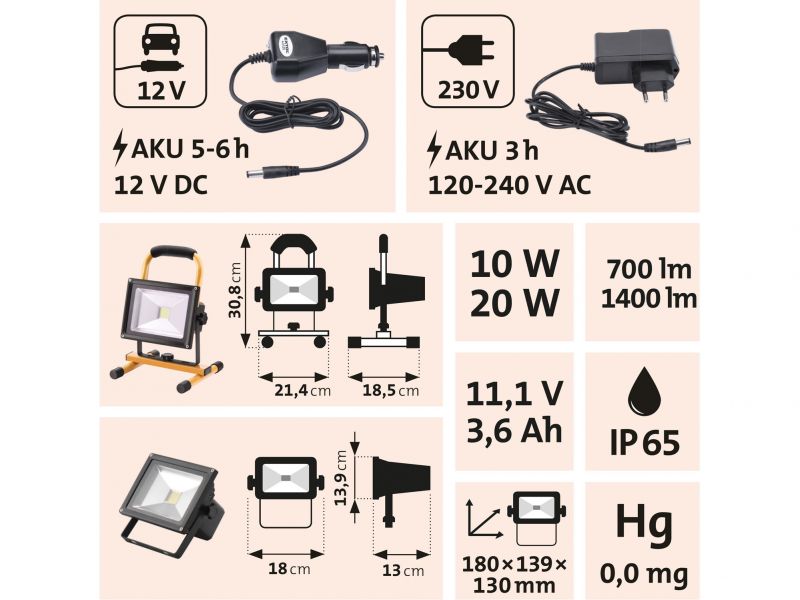 EXTOL LIGHT Svietidlo nabíjateľné LED, 20W, 1400lm, 11,1V Li-ion, 4400mAh, IP65, 12+230V foto6