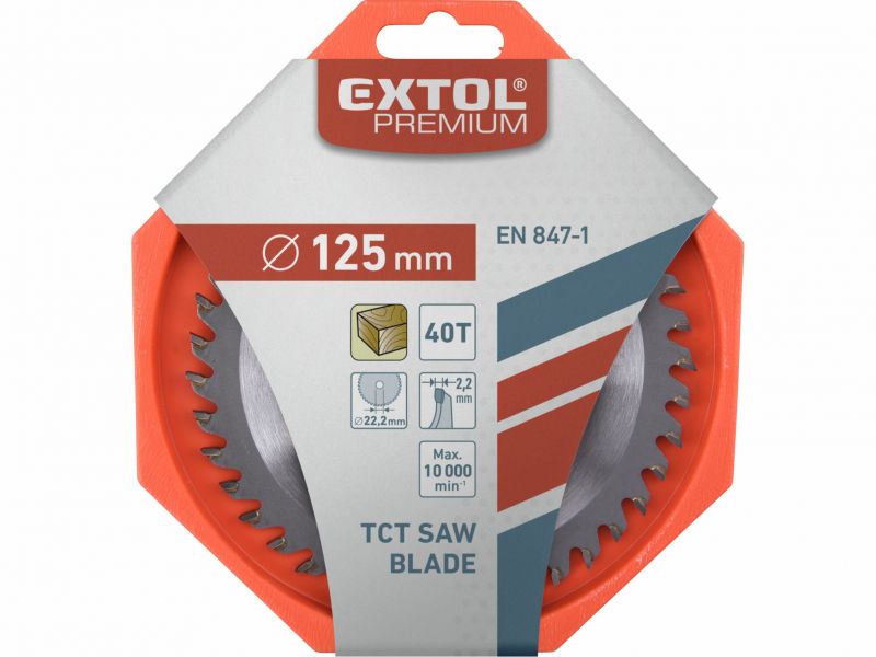 EXTOL PREMIUM Kotúč pílový s SK plátkami, 125x1,4x22,2mm, 40zubov, šírka SK plátku 2,6mm