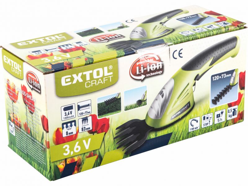 EXTOL CRAFT Nožnice akumulátorové na trávu a konáre, 3,6V, 1,3Ah Li-ion, nabíjačka 3-5h
