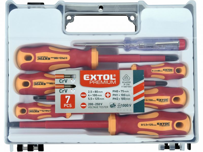 EXTOL PREMIUM Skrutkovače elektrikárske 1000V, 7-dielna sada, (-) 2,5-4-5,5mm, PH0-1-2, skúšačka