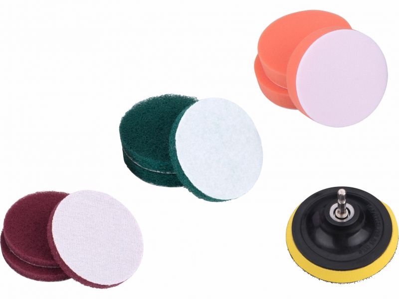 EXTOL CRAFT Sada na čistenie do vŕtačky, unášací tanier 100mm, 3x špongia, 6x abrazív. výsek