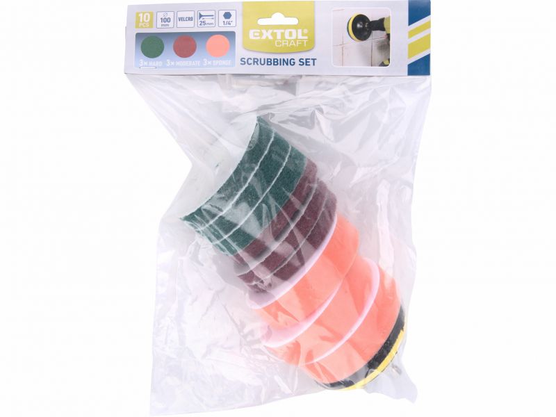 EXTOL CRAFT Sada na čistenie do vŕtačky, unášací tanier 100mm, 3x špongia, 6x abrazív. výsek