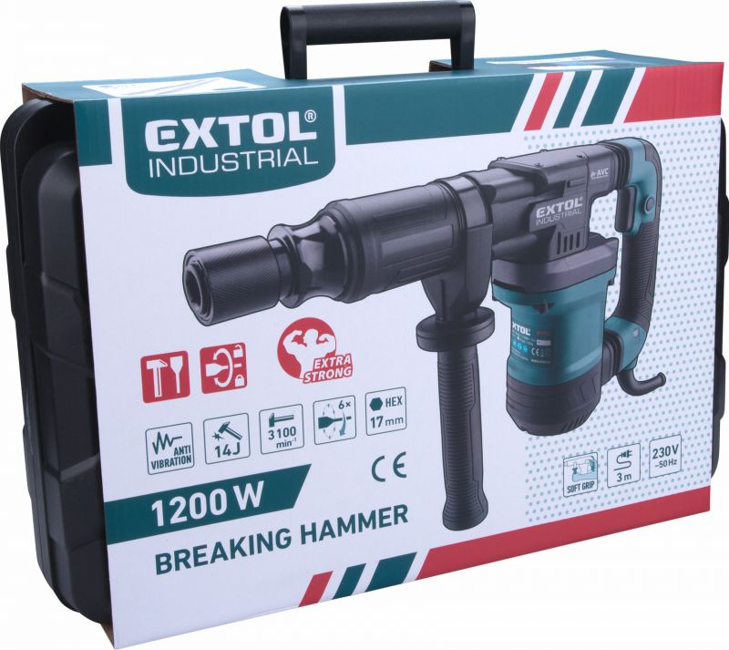 EXTOL INDUSTRIAL Kladivo sekacie, HEX 17mm, 1200W, energia úderu 14J, antivibračná rukoväť