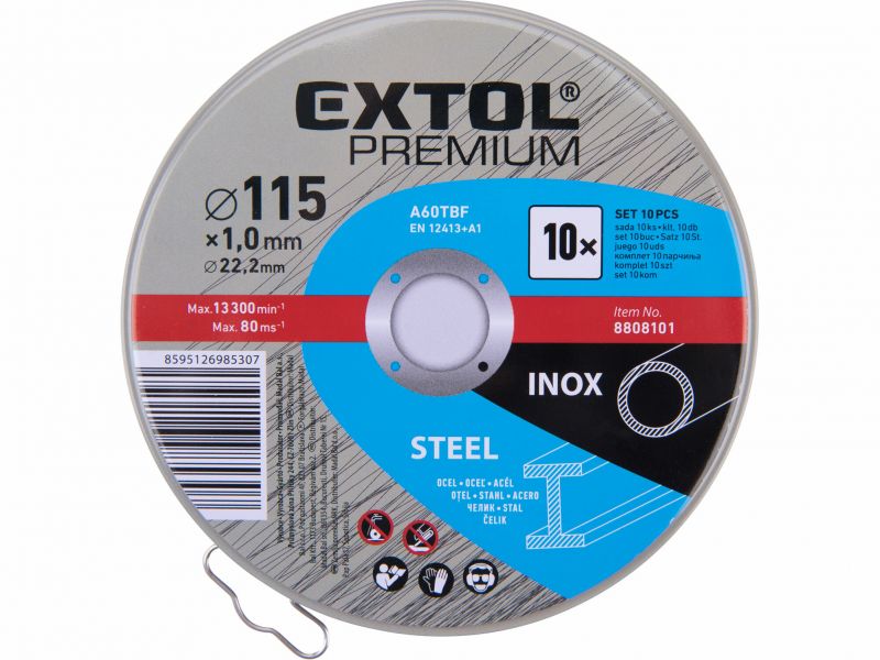 EXTOL PREMIUM Kotúč rezný na kov, 115x1,0mm, 10ks, plechová krabica