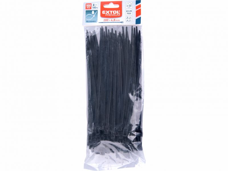 EXTOL PREMIUM Pásky sťahovacie čierne, 4,8x200mm, 100ks, 18kg, viacnásobné použitie