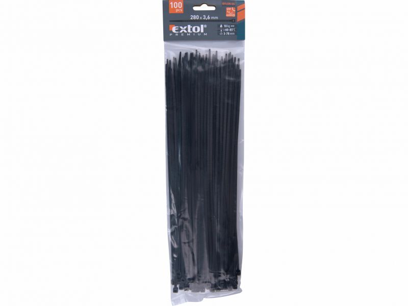 EXTOL PREMIUM Pásky sťahov. čierne 3,6x280mm,100ks,o70mm