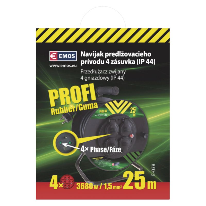 EMOS Gumový predlžovací kábel na bubne – 4 zásuvky, 25m, 1,5mm2