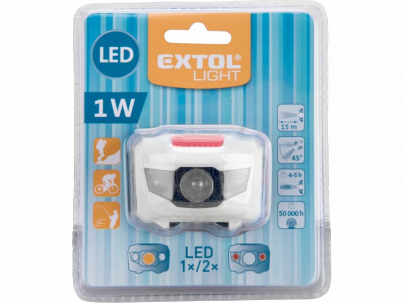 EXTOL LIGHT Čelovka 1W + 2LED, 4 režimy svietenia, max. dosvit 15m