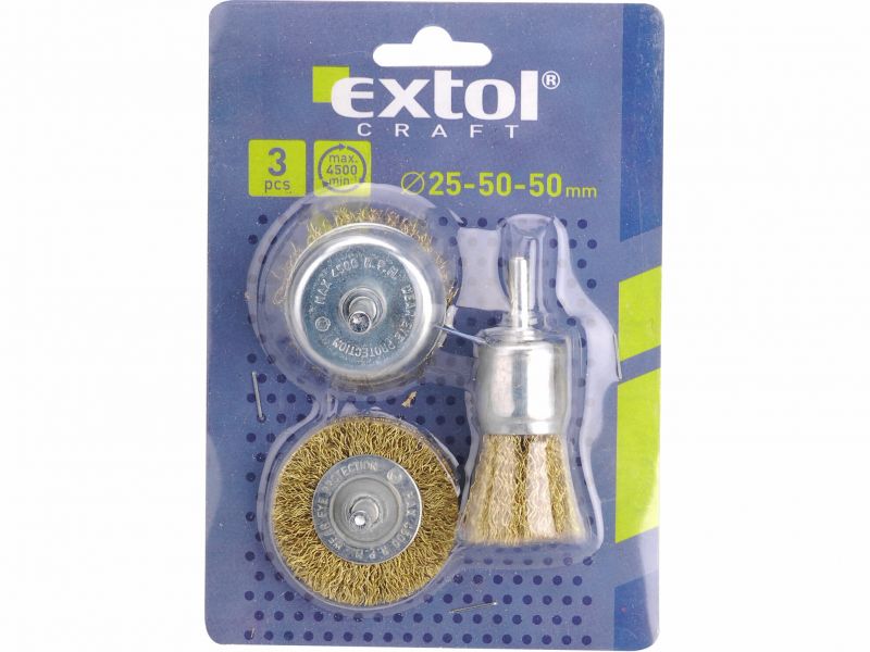 EXTOL CRAFT Kartáče so stopkou, vlnitý pomosadzený drôt 0,3mm, 3-dielna sada