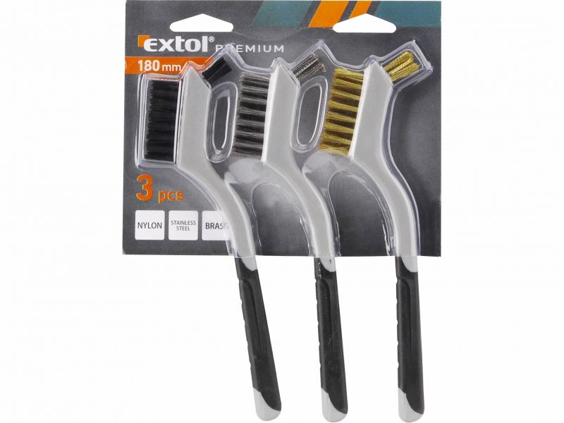 EXTOL PREMIUM Kefky malé 180mm, 3-dielna sada, nylonová, antikorová, mosadzná, plastová rukoväť
