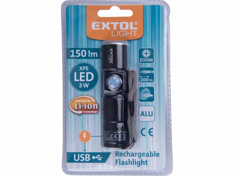 EXTOL LIGHT Svietidlo nabíjateľné 150lm, 3W XPE, 3,7V/450mAh, Lion
