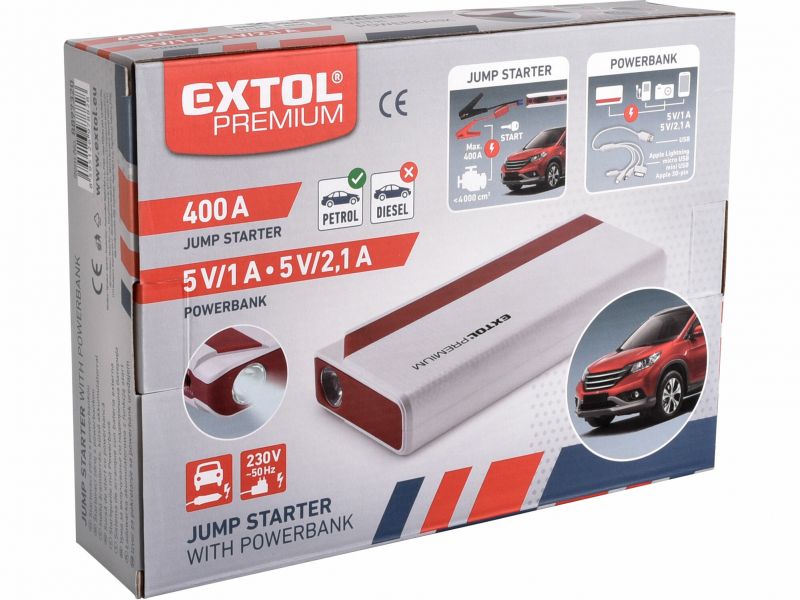 EXTOL PREMIUM Štartovací zdroj s powerbankou, 9000Ah, 200A, max.400A, benzín do 4000ccm