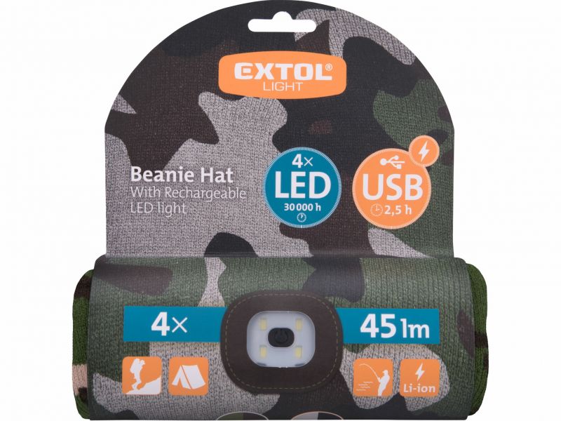EXTOL LIGHT Čiapka maskáčová s čelovým svetlom LED 4x45lm