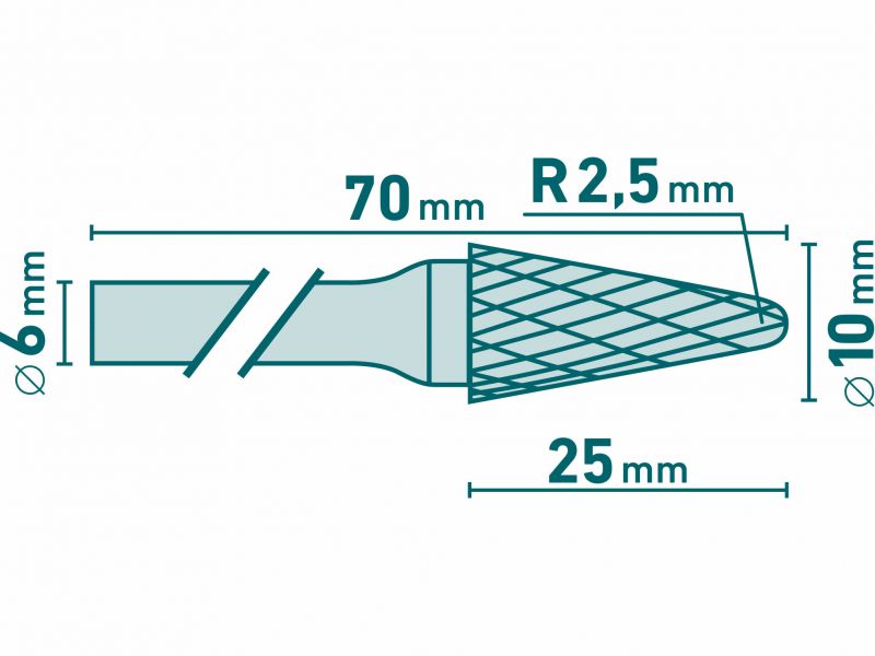 EXTOL INDUSTRIAL Fréza karbidová kónická poľgulaté čelo, pr.10mm,rez.dĺžka 20mm, stopka 6mm