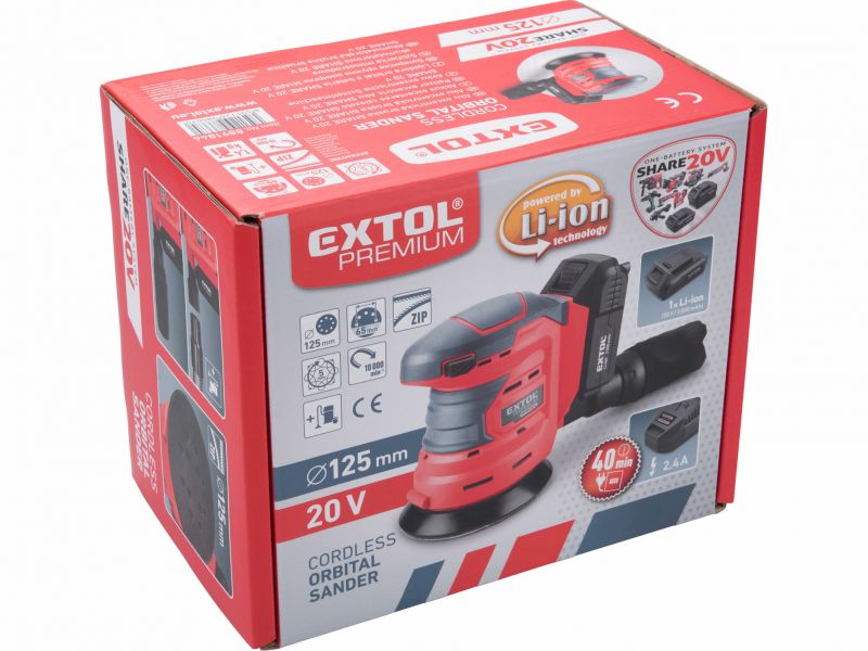 EXTOL PREMIUM Brúska excentrická akumulátorová Share20V, bez aku a nabíjačky, 125mm, suchý zips