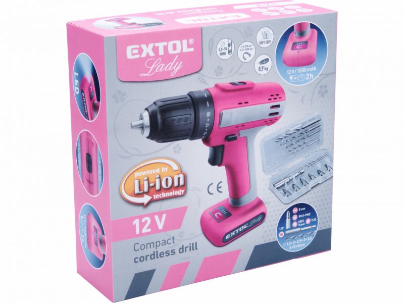 EXTOL LADY Vŕtačka akumulátorová ružová 12V Li-ion, 1x aku 1,5Ah, 25Nm, 2h nabíjačka