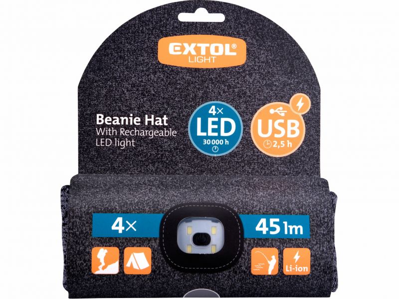 EXTOL LIGHT Čiapka sivá čierna s čel.svetlom, LED 4x45lm, 300mAh, nab. USB