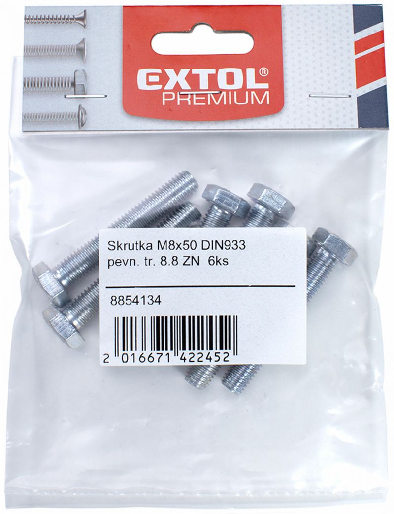 EXTOL PREMIUM Skrutka M12x50 DIN933 pevnostná tr. 8.8 ZN 3ks