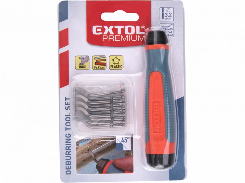 EXTOL PREMIUM Odhrotovač ručný, 10ks, HSS-Co5%, čepeľ 45st. HRC65-66