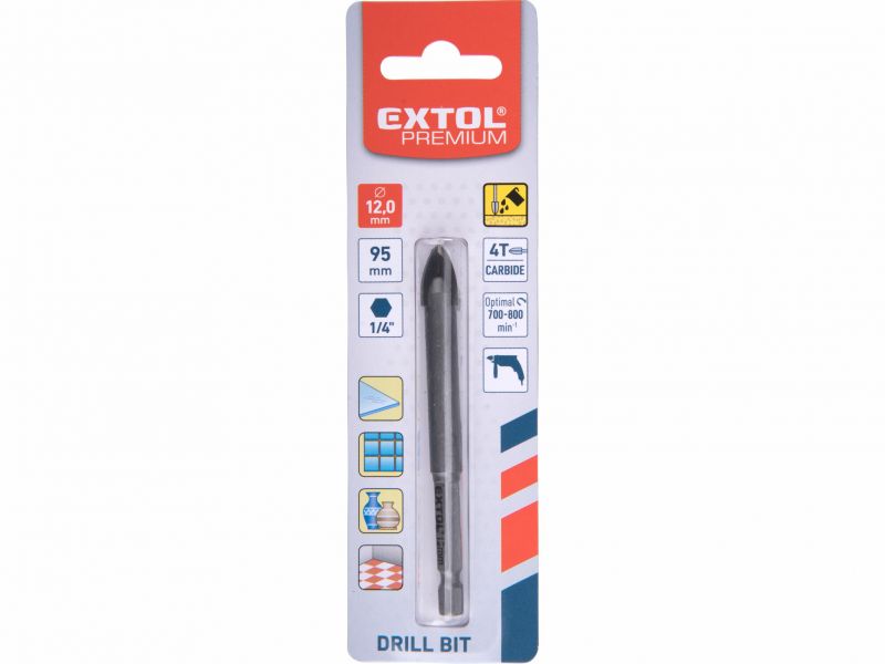 EXTOL PREMIUM Vrták do skla 12x90mm, šesťhranná 1/4" stopka