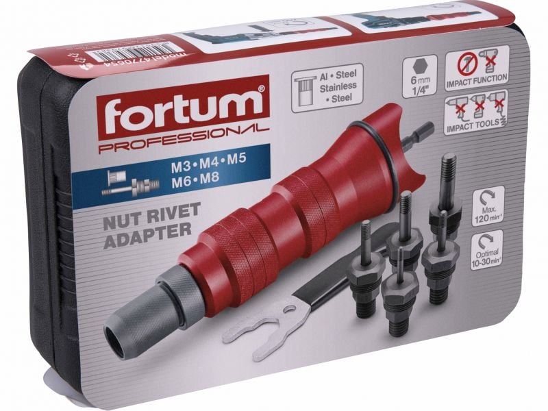 FORTUM Nadstavec na nitovanie matíc M3-M8, pre akumulátorovú skrutkovačku