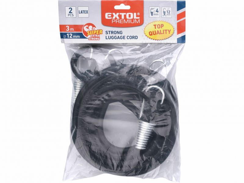 EXTOL PREMIUM Popruh elastický s hákmi extra silný, 300cm x pr. 12mm, 2ks, pozinkované háky pr. 4mm