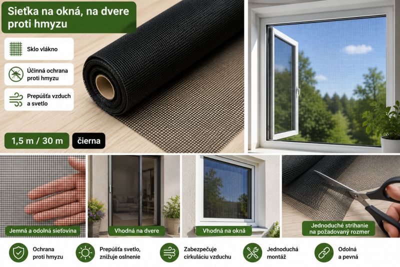 Sieťka na okná, na dvere, proti hmyzu, sklo vlákno, 1,5 m / 30m, čierna 