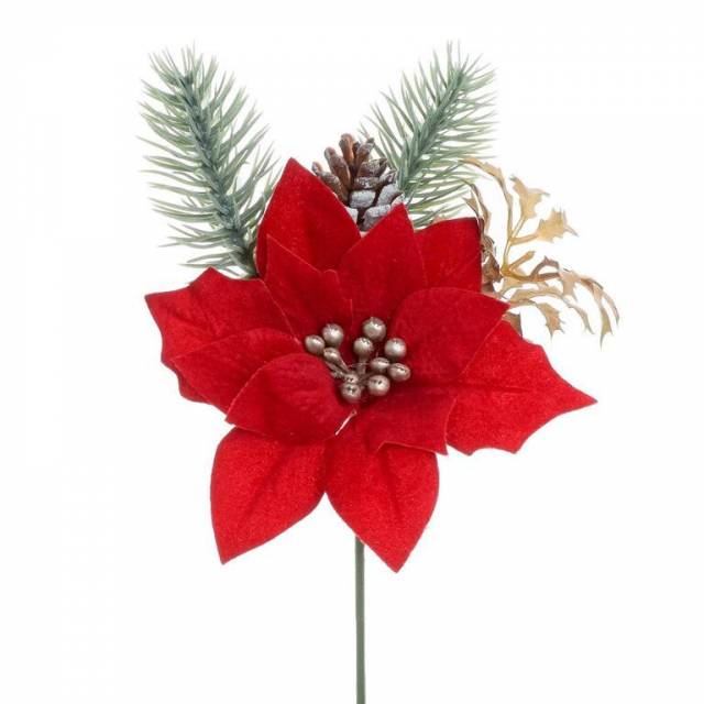 Kinekus Ozdoba zapichovacia kvet vianočná ruža+čečina 20 cm červená