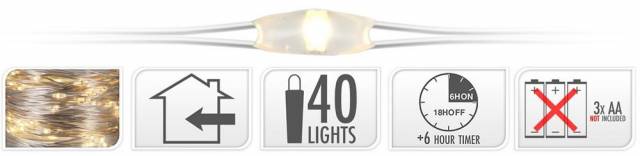 Kinekus Svetlo vianočné 40 LED teplé biele, reťaz strieborná, s časovačom, baterky, vnútorné