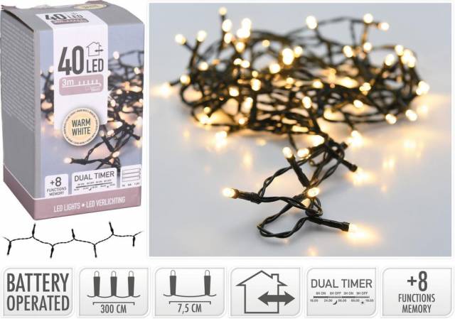 Kinekus Svetlo vianočné 40 LED teplé biele, s dvojitým časovačom a funkciami, vonkajšie / vnútorné