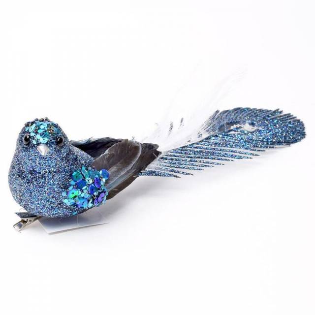 Kinekus Ozdoba s klipom vtáčik 9 cm modrý gliter