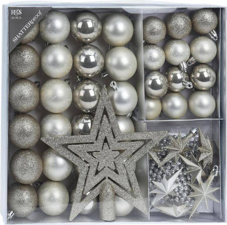 Strieborné vianočné gule, girlanda, hviezdy + špic, plastová, sada 45 ks, biela-strieborná