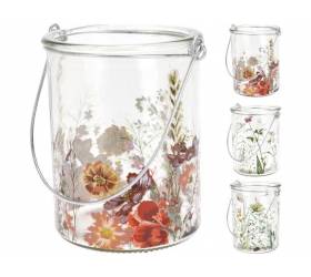 Lampáš svietnik na čajovú sviečku 10,5x8x10 cm sklo dizajn kvety mix