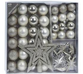 Strieborné vianočné gule, girlanda, hviezdy + špic, plastová, sada 45 ks, biela-strieborná