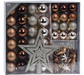 Hnedé vianočné gule, girlanda, hviezdy + špic, plastová, sada 45 ks, amber