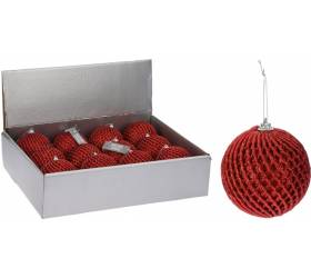 Červená vianočná guľa, pletený dizajn, 8 cm