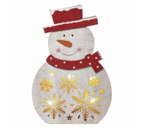 LED vianočný snehuliak drevený, 30 cm, 2x AAA, vnútorný, teplá biela, časovač
