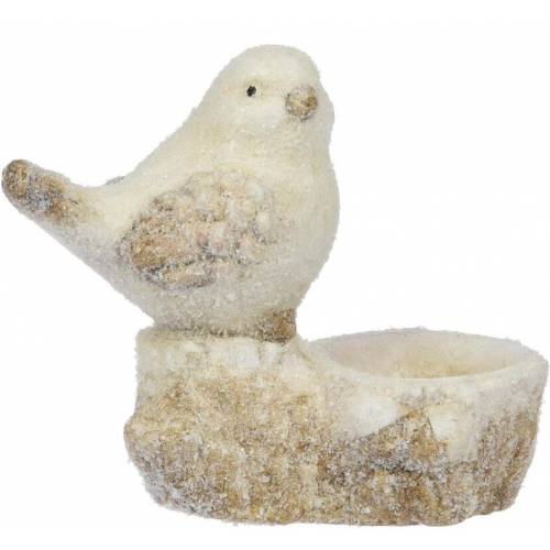 Svietnik postavička vtáčik na pni 12 cm keramika mix