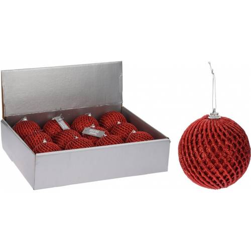 Červená vianočná guľa, pletený dizajn, 8 cm