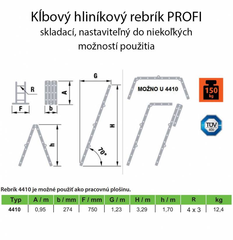Rebrík hliníkový PROFI 4x3, kĺbový, štvordielny