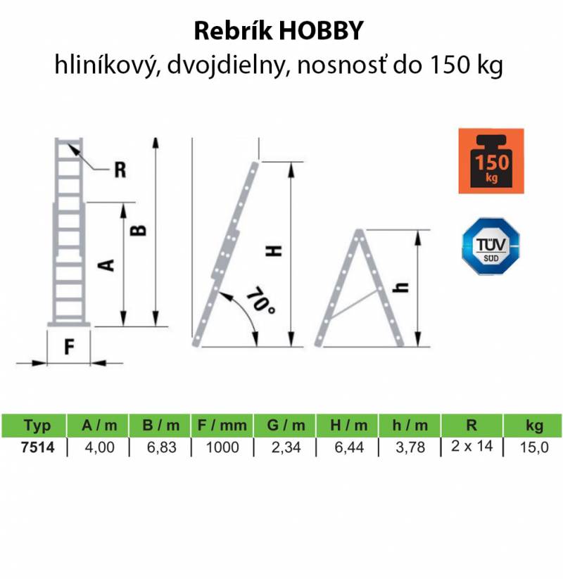 Rebrík hliníkový HOBBY 2x14, dvojdielny, univerzálny, výsuvný