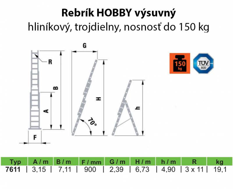 Rebrík hliníkový HOBBY 3x11, trojdielny, univerzálny, výsuvný