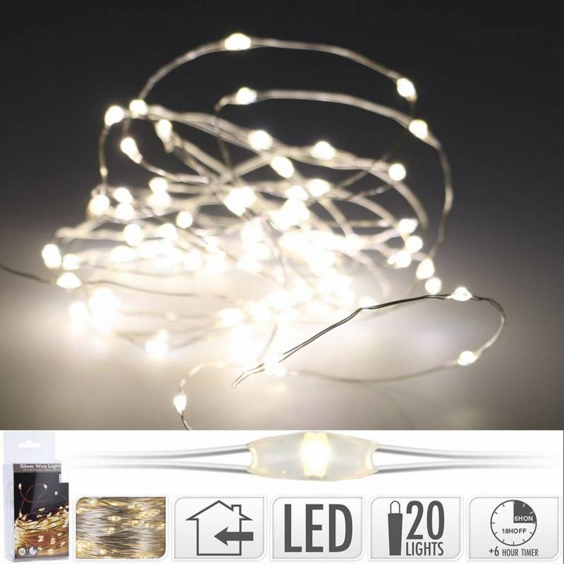 Svetlo vianočné 20 LED teplé biele, reťaz strieborná, s časovačom, baterky, vnútorné WW xxx