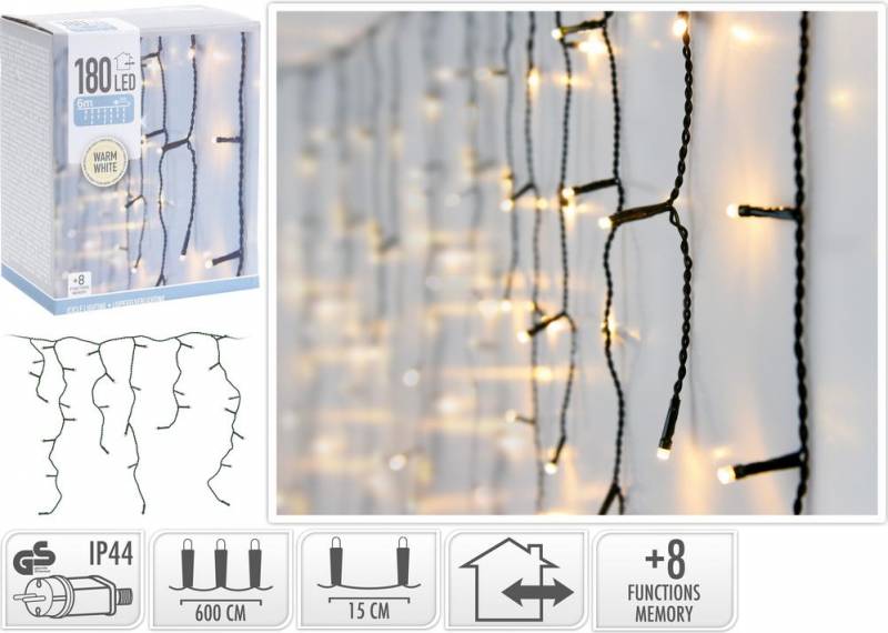 Svetlo vianočné cencúle 180 LED teplé biele, 6 m, s funkciami, vonkajšie/vnútorné