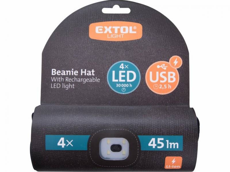 EXTOL LIGHT Čiapka čierna s čelovým svetlom, LED 4x45lm, nabíjanie cez USB