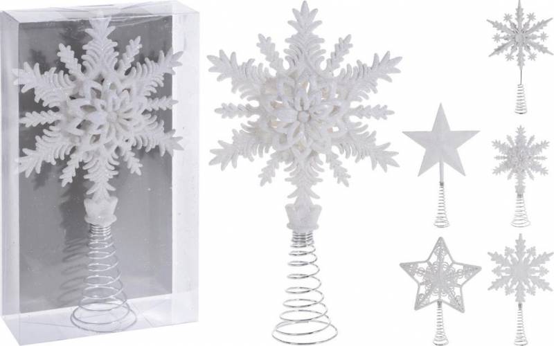 Biely špic na vianočný stromček vločka / hviezda, plastová, 20 cm, mix dizajnov