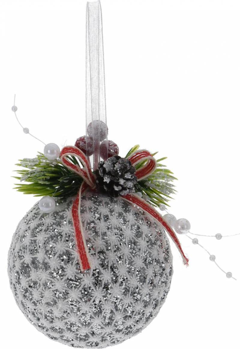 Strieborná vianočná guľa so zdobením, polystyrén, 8 cm