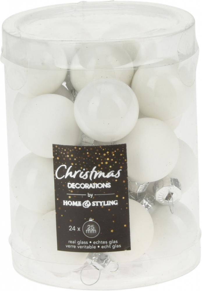 Biela vianočná guľa, sklenená, 2,5 cm, sada 24 ks