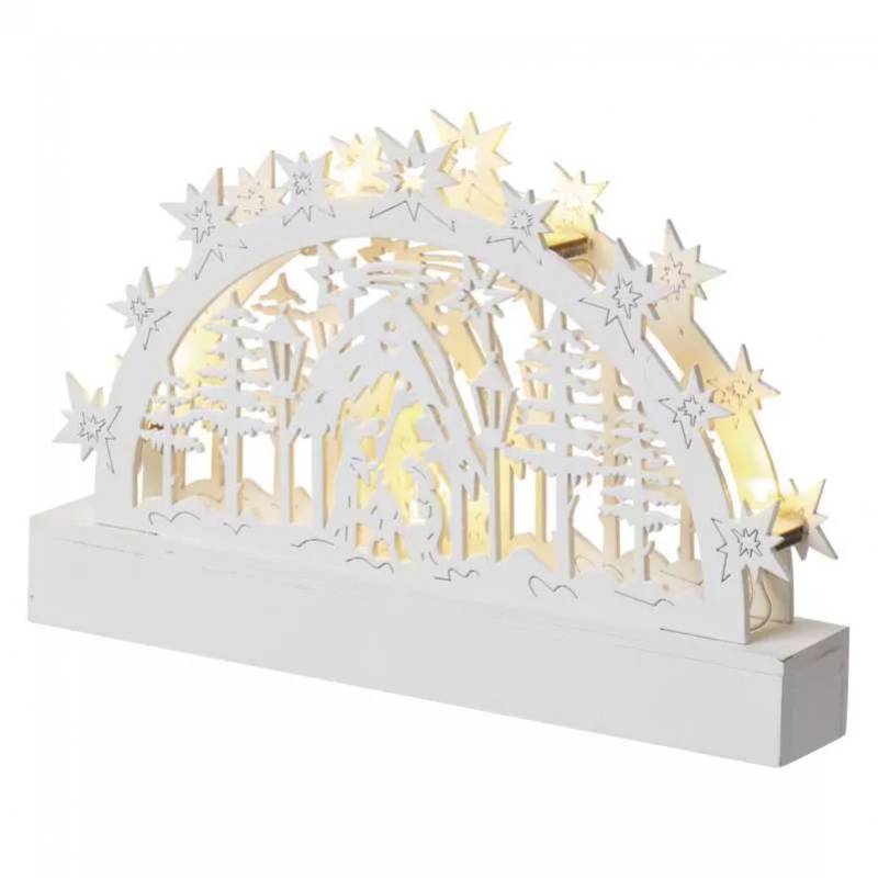 LED vianočný betlehem drevený, 14 cm, biely